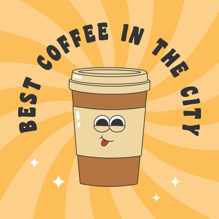 Poster with cute coffee cup in groovy style and text. Template for poster, banner, flyer menu design in trendy retro style. Vector illustrationのイラスト素材