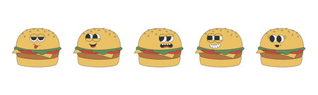 Set of groovy hippie burgers. Cartoon characters in trendy retro style. Isolated vector illustrationのイラスト素材
