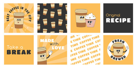 Coffee retro cartoon posters and cards. Cute characters, patterns and slogan quotes in trendy retro style.のイラスト素材