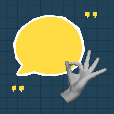 Card with cut out hand and speech bubble. Empty space for quote, plan and idea. Social media...