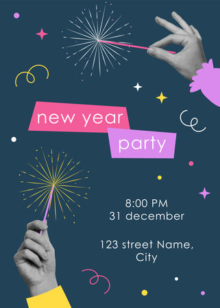New year poster with cut out hands holding sparkler. Template for greeting card, invitation, flyer, banner, posterのイラスト素材