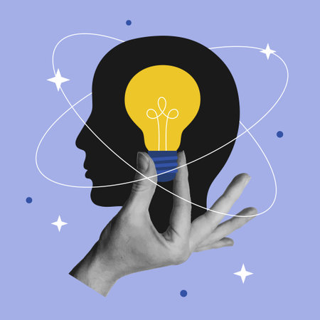 Creative thinking, brainstorm, creative mind concept. Hand holding bulb lamp. Vector illustration