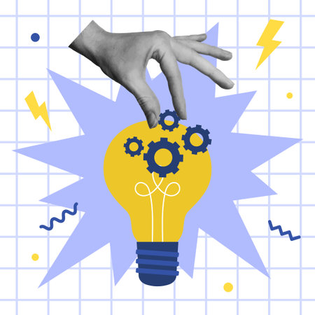 Creative thinking, brainstorm, creative mind concept. Hand holding gear, bulb lamp. Vector illustrationのイラスト素材