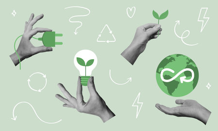Ecological zero waste lifestyle and sustainability elements set. Hands holding Earth globe, plant, power saving lamp. Vector illustrationのイラスト素材