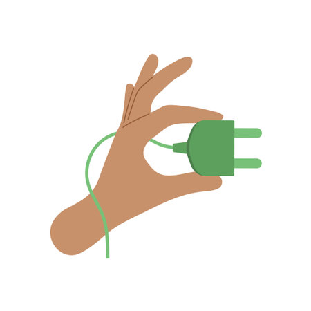 Green industry and sustainability concept. Hand holding green power plug. Isolated vector...