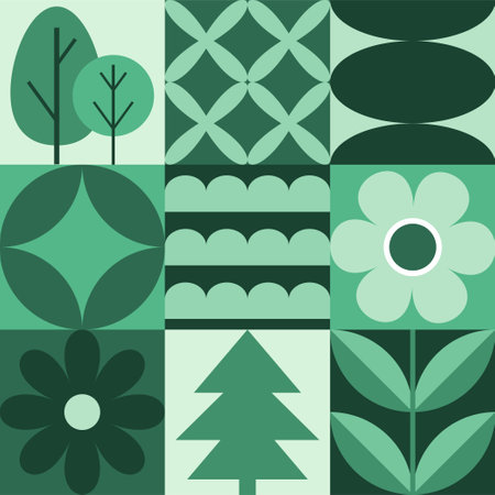Modern geometric banner. Trees, flowers and leaves in flat minimalist style.のイラスト素材