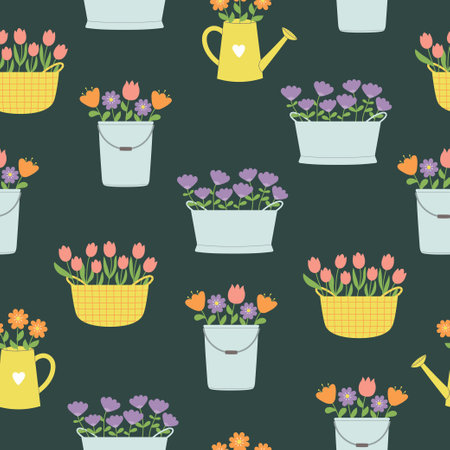 Seamless pattern with flowers in flowerbed, basket and bucket on dark emerald background. Template for cards, posters, postcards, prints, wallpaper, fabric. Vector illustrationのイラスト素材