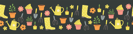 Seamless border with gardening elements and flowers on dark green background. Template for cards, posters, fabric, prints and wallpaperのイラスト素材
