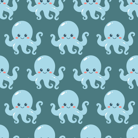 Seamless pattern of cute octopus on blue background. Marine life animals. Template for print, baby shower, wallpaper, greeting cards and invitation. Vector illustrationのイラスト素材