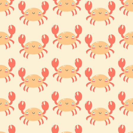 Seamless pattern with hand drawn cute crab on light pink background. Marine life animals. Template for print, fabric, greeting card and invitation. Vector illustrationのイラスト素材