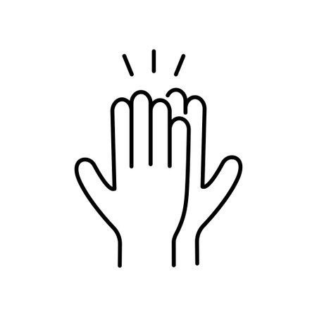 Two hands meeting in a high-five gesture outline icon. Teamwork, partnership success, encouragement, and recognition of achievements within the team. Editable stroke. Isolated vector illustrationのイラスト素材