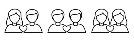 Different couples outline icons set. Love, relationship concept. Editable stroke. Isolated vector illustrationのイラスト素材
