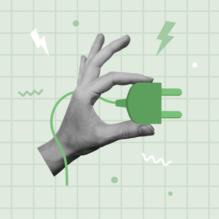 Green industry and sustainability concept. Hand holding green power plugのイラスト素材