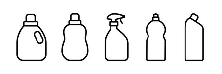 Bottle of cleaning liquid outline icons set. Plastic containers for household chemicals products. Editable strokeのイラスト素材