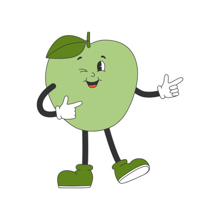 Cute green apple in groovy style. Cartoon character in trendy retro style. Isolated vector illustration.のイラスト素材