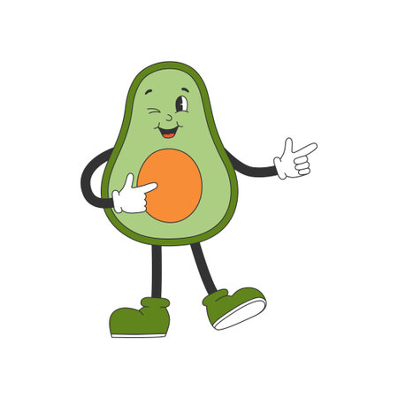 Cute avocado in groovy style. Cartoon character in trendy retro style. Isolated vector illustration.のイラスト素材