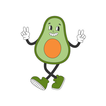 Cute avocado walking in groovy style. Cartoon character in trendy retro style. Isolated vector illustration.のイラスト素材