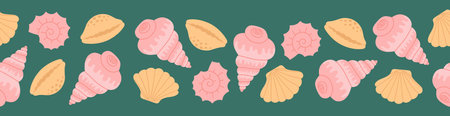 Seamless border with hand drawn pink and beige seashell on emerald green background. Template for print, fabric, greeting card and invitation. Vector illustrationのイラスト素材