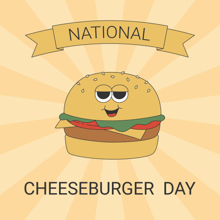 National Cheeseburger Day with groovy hippie burger. Banner template with cartoon character in trendy retro style. Vector illustrationのイラスト素材