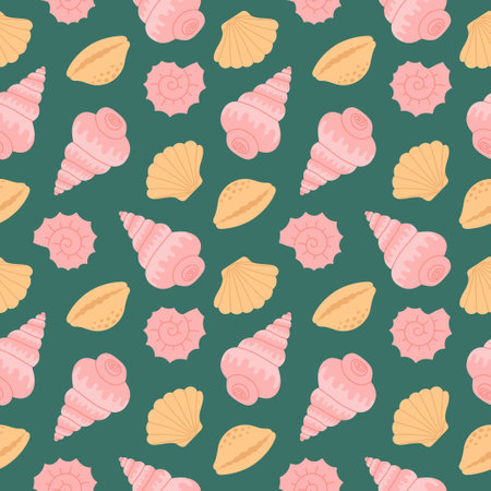 Seamless pattern with hand drawn pink and beige seashell on emerald green background. Template for print, fabric, greeting card and invitation. Vector illustrationのイラスト素材