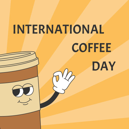 National Coffee Day banner template. Cute coffee cup character in retro groovy style. Vector illustrationのイラスト素材