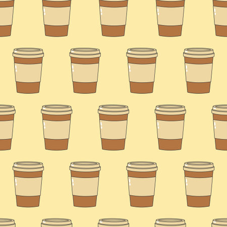 Seamless pattern with paper coffee cup on beige background. Template for cover, package, poster, banner. Vector illustrationのイラスト素材