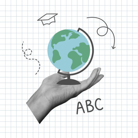 Hand holding Earth globe. Back to school concept. Template for card, print, poster, banner, social media. Vector illustrationのイラスト素材
