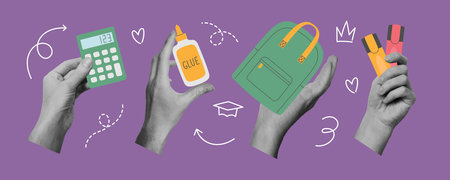 Set of hands collage with stationery. Back to school concept. Template for card, print, poster,...