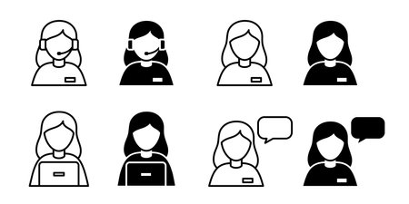 Set of customer service outline icons. Female operator and support specialist. Editable stroke.のイラスト素材