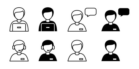 Set of customer service outline icons. Male operator and support specialist. Editable stroke.のイラスト素材
