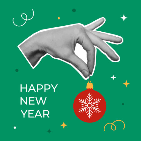 Collage design with hand holding christmas decoration ball. Trendy pop art template for winter holidays designのイラスト素材