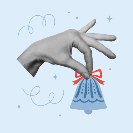 Collage design with hand holding christmas decoration bell. Trendy pop art template for winter...