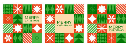 Set of Christmas greeting cards with geometric elements. Flat style. Template for winter holidays designのイラスト素材