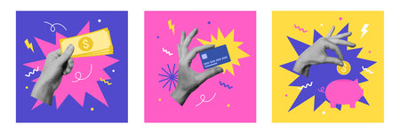 Collage designs with hands holding coin, credit card and banknote. Online shopping, banking or savings concept.のイラスト素材