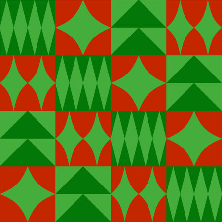 Christmas seamless pattern with red and green geometric elements. Flat style. Template for winter holidays design. Vector illustrationのイラスト素材
