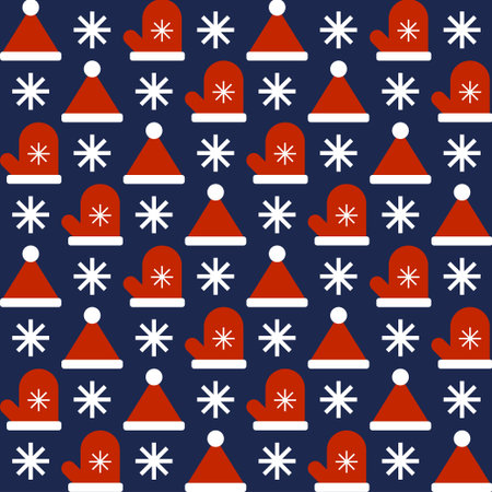 Christmas seamless pattern with red hat and mittens on blue background. Flat style. Template for...