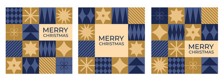 Set of Christmas greeting cards with blue and golden geometric elements. Flat style. Template for...