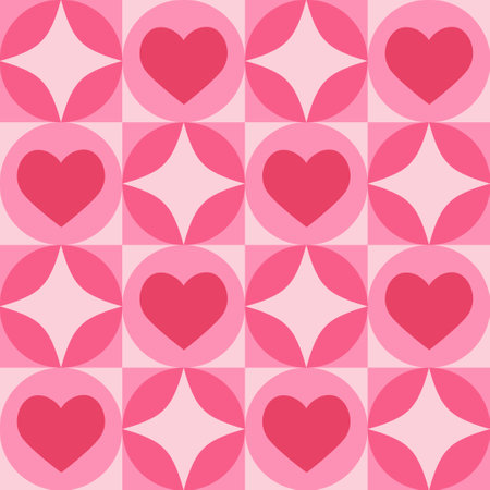 Seamless pattern with pink geometric elements and hearts. Template for Valentine holiday design. Vector illustrationのイラスト素材