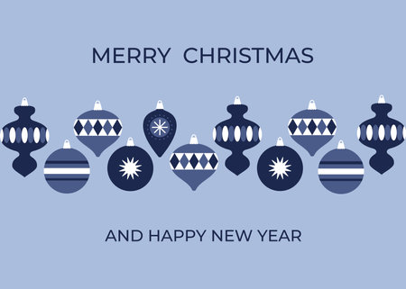 Christmas greeting card with christmas tree decoration in blue colors. Template for winter holidays design. Vector illustrationのイラスト素材