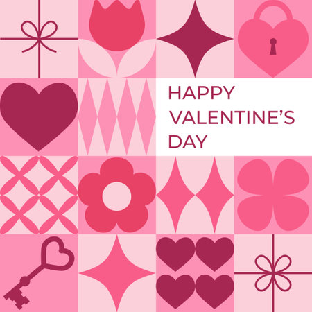 Valentine's day greeting card with pink geometric elements. Template for Valentine holiday design. Vector illustrationのイラスト素材