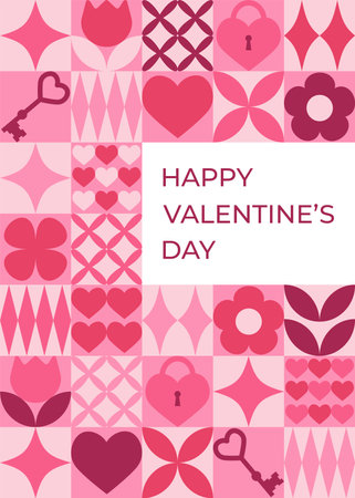 Valentine's day greeting card with pink geometric elements. Template for Valentine holiday design. Vector illustrationのイラスト素材
