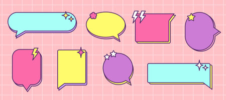 Colorful speech bubbles, text boxes and conversation chats in retro Memphis style. Communication symbolのイラスト素材
