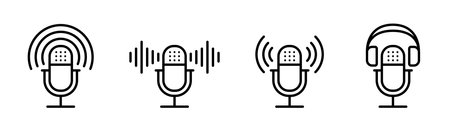 Set of outline microphone icons. Template for audio, music or podcast design. Editable stroke. Isolated vector illustrationのイラスト素材