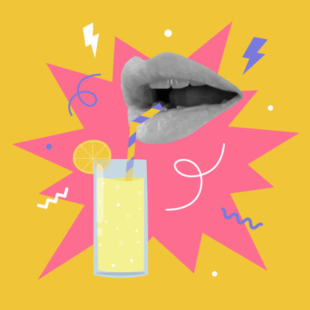 Collage design with woman lips and glass with lemonade. Summertime, vacations concept. Vector illustrationのイラスト素材