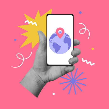 Collage design with hands holding smartphone with earth globe on the screen. Traveling, destination...