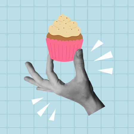 Collage design with hand holding cupcake with whipped cream on blue background. Holiday, birthday, party concept. Vector illustrationのイラスト素材
