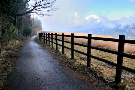 Mt. Ono in Tanzawa Mt. Fuji rising in the sky on the sidewalk passing through the summitの写真素材