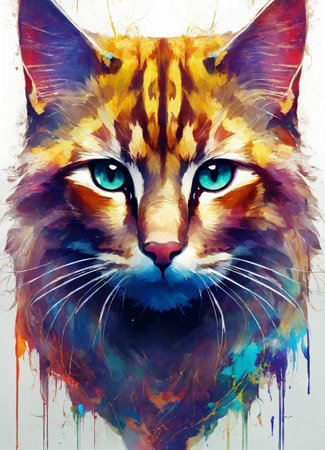 Colorful cat portrait. Digital painting on canvas. Hand-drawn illustration.の素材