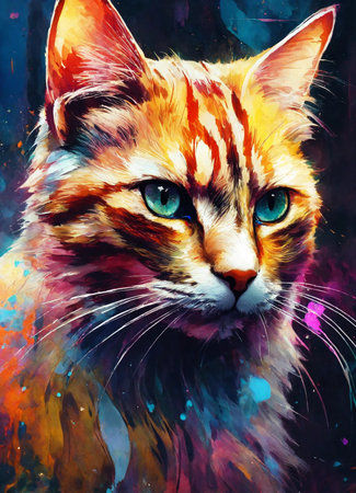 Cat portrait. Colorful painting. Hand-drawn illustration. Digital painting.の素材