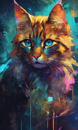 Beautiful cat portrait. Digital painting. Colorful abstract background.の素材